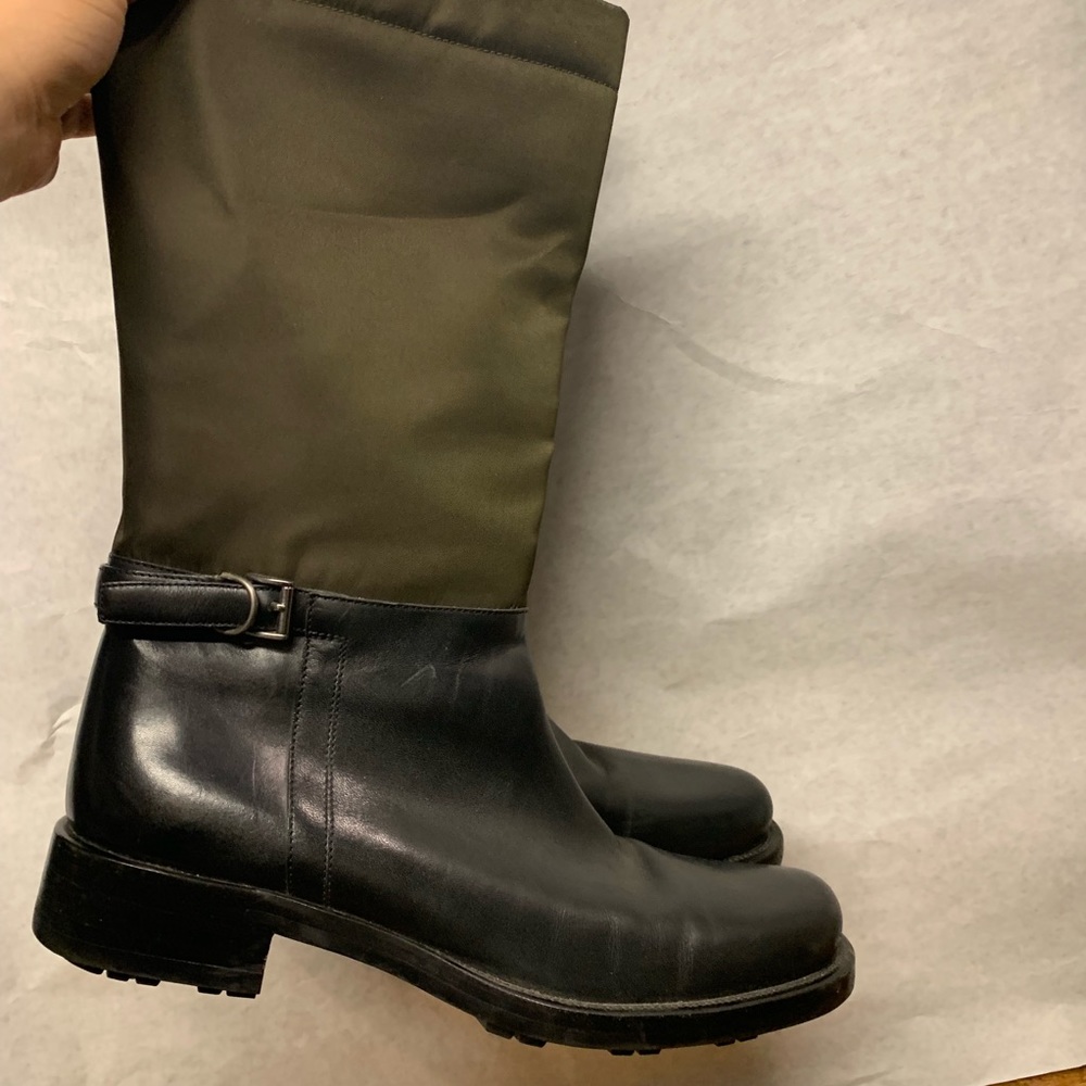 Prada black leather tall high boots olive nylon